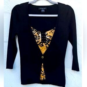 August Silk Knit Top Women Medium Black Ribbed Faux Cardigan Sweater Set Leopard